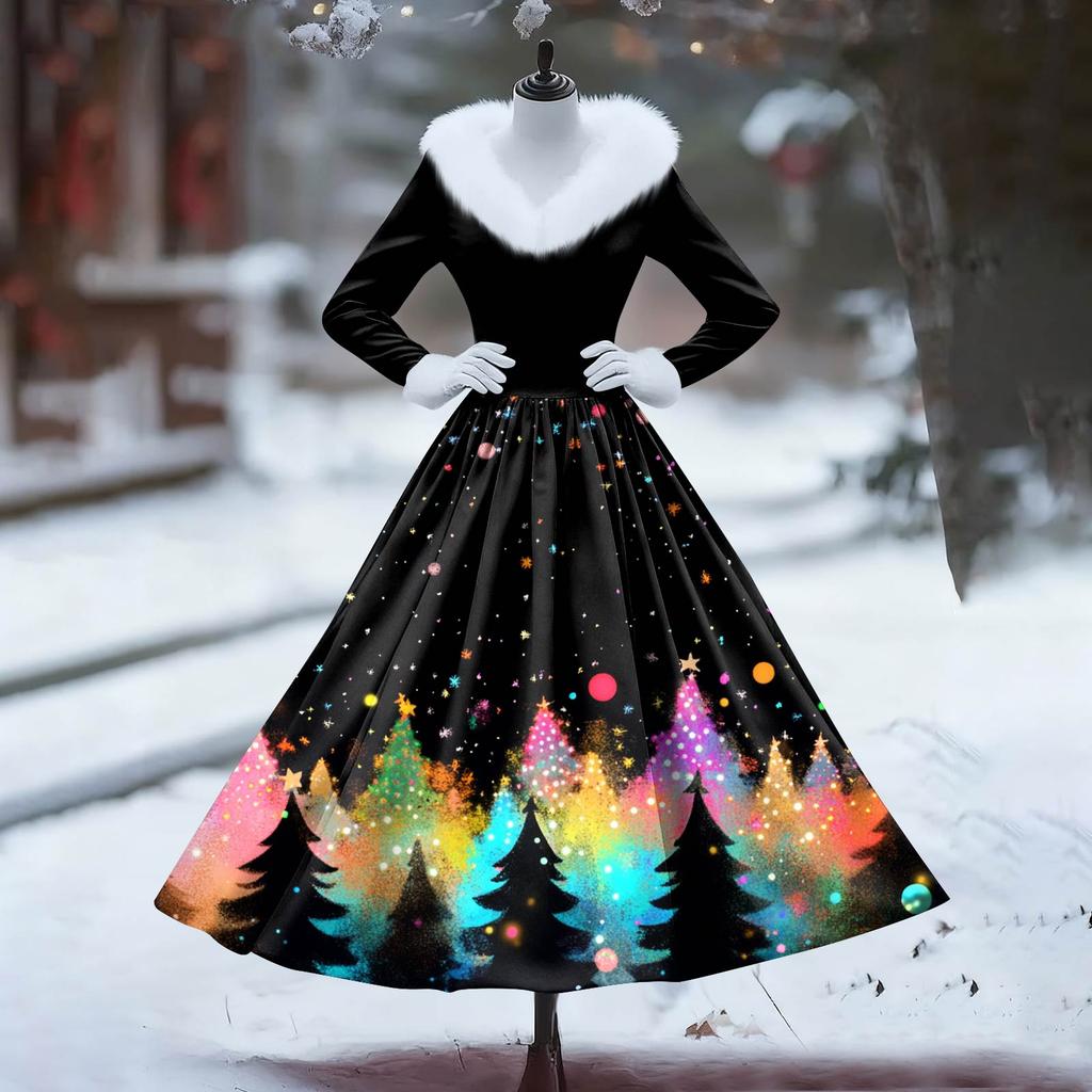 Женское повседневное платье с длинным рукавом, V-образным вырезом, лоскутным флисом и рождественским принтом