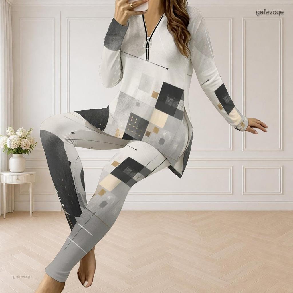 Women Plus Size Front Zip Long Sleeve Printed Longline Top Fitted Pants Two Piece Set