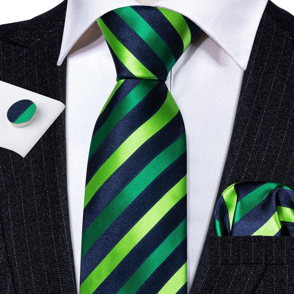 Barry.Wang Classic Tie for Men Woven Silk Striped Neckties Handkerchief Set Cufflinks Formal Casual