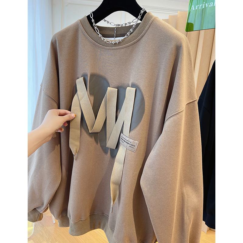 Женская толстовка модная лента свободный повседневный топ с круглым вырезом плюс размер пуловер