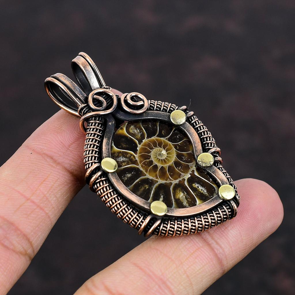 Ammonite Fossil Pendant Copper Wire Wrapped Jewelry Gemstone Copper Pendant Handmade Boho Jewelry Wire Wrapped Pendant Gift For Anniversary