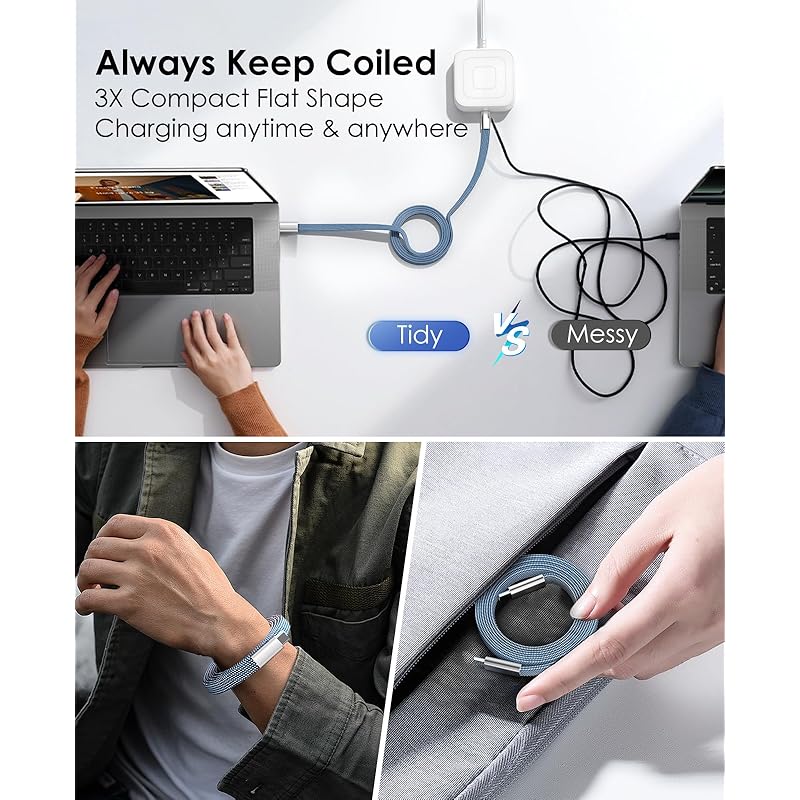 Magtame Type C Cable Flat Flat Magnet Automatic Storage 240W/5A Fast Charging Type-c Cable QC4.0/PD3.1 Compatible Usbc-usbc Cable Metal Connector