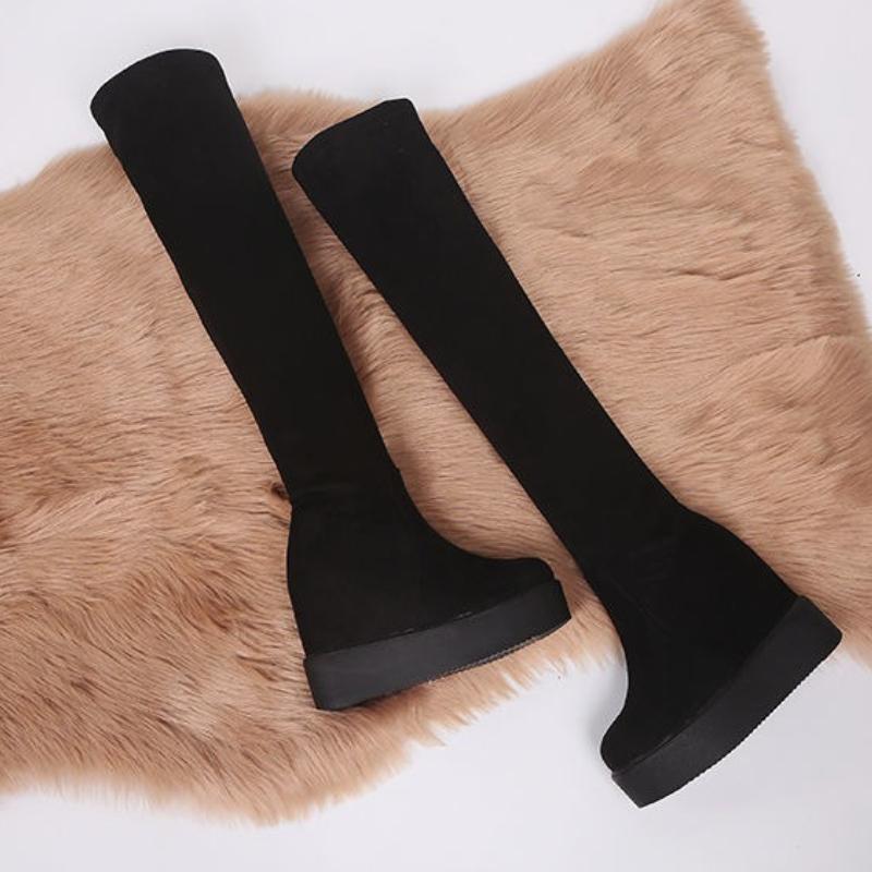 Женские зимние ботфорты с термоподкладкой, на маленькую ногу, на толстой подошве, на танкетке, с внутренней высотой, стройнящие ногу, на высоком каблуке
