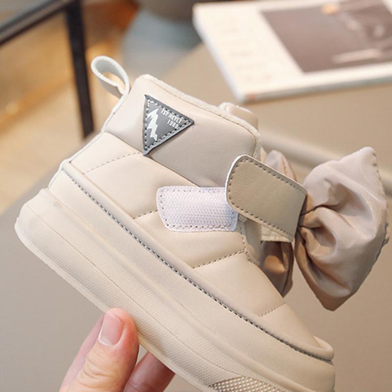 Зимние детские зимние сапоги для девочек, модные дизайнерские ботинки принцессы с большим галстуком-бабочкой, детская теплая обувь из плотного хлопка с застежкой на крючок