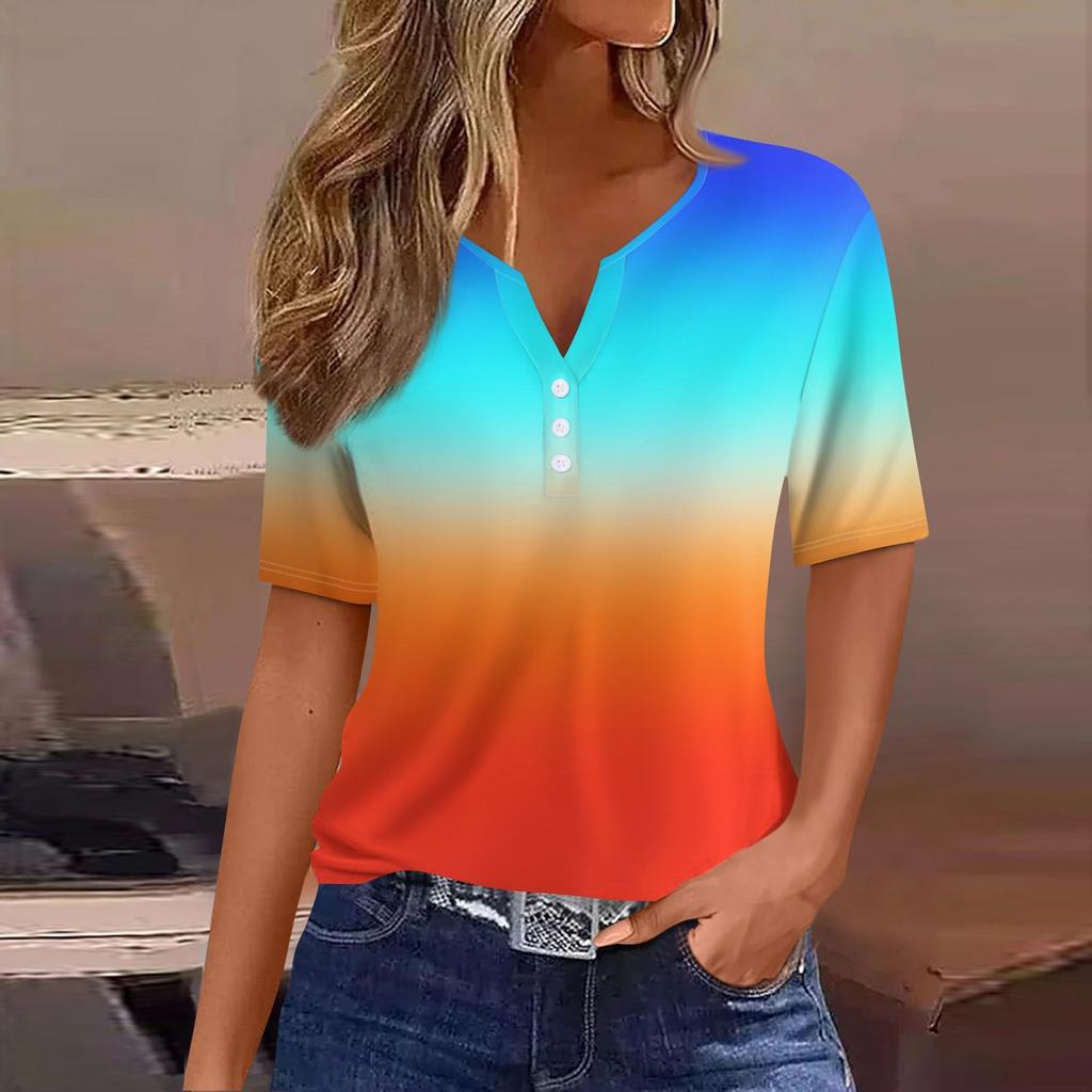 Жен. Футболка Футболка С принтом Пуговицы С короткими рукавами Повседневные Выходные Мода Классический V-образный вырез Обычный Верх