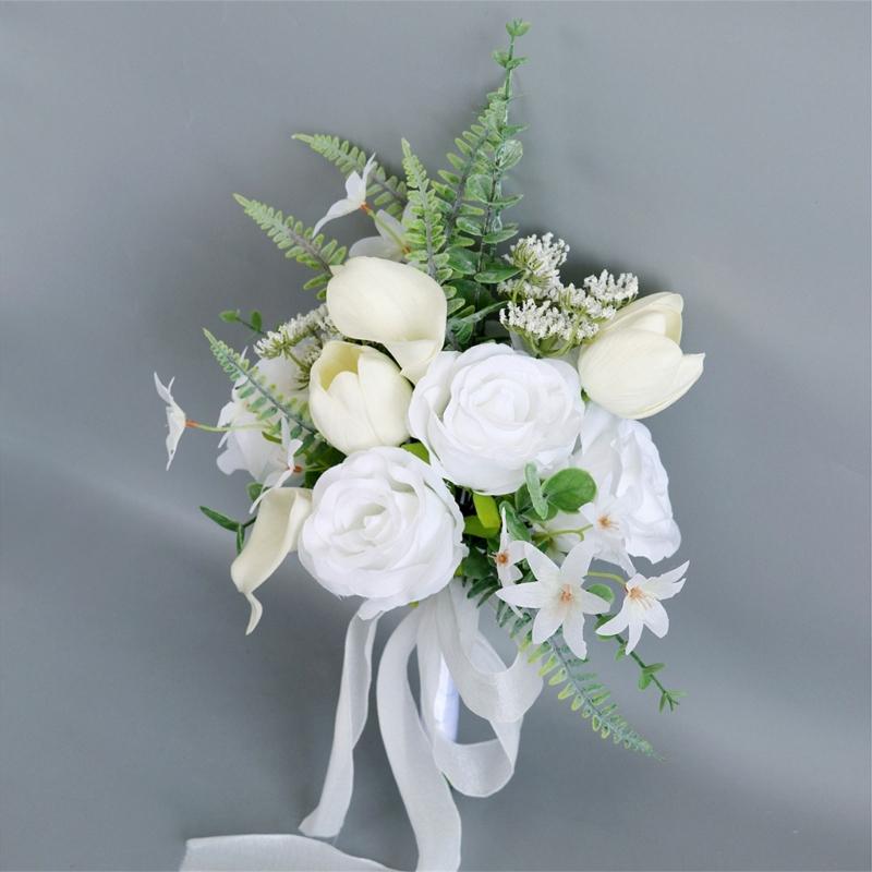 White Bridal Bouquets Wedding Bouquets with Ribbon for Bridal, Bridesmaids, Anniversary, Wedding Party Decorations