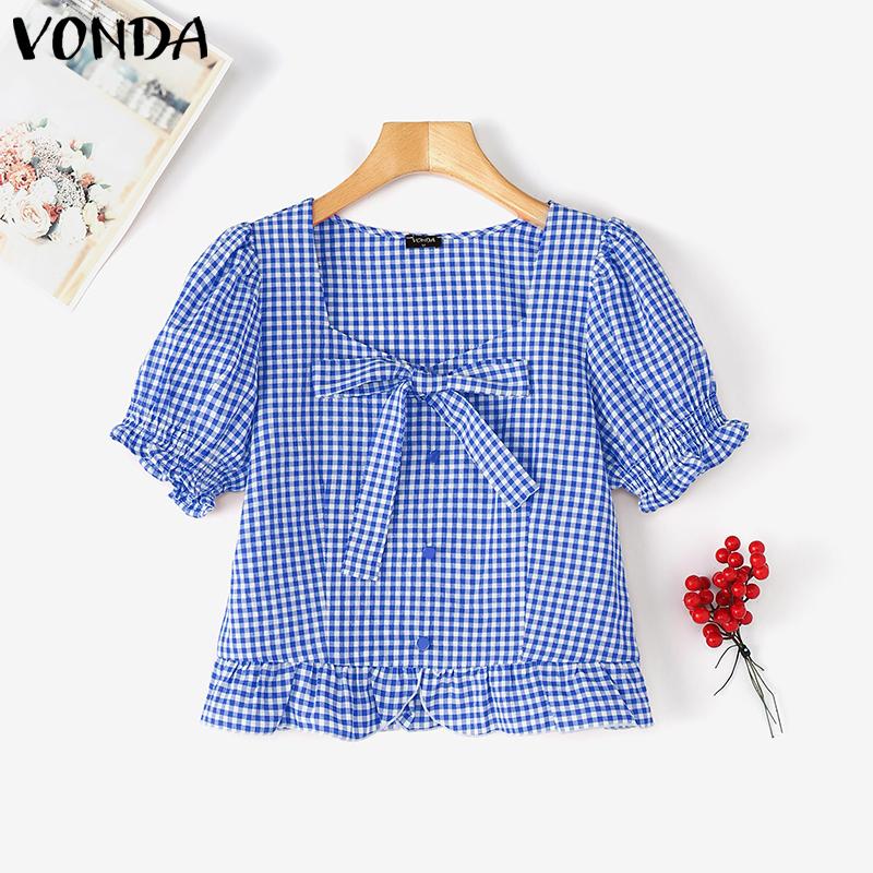 VONDA Женские летние повседневные футболки с квадратным воротником и короткими рукавами-фонариками, принтом в клетку и бантом