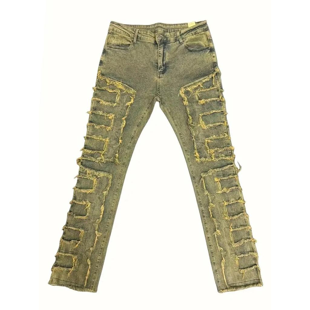 GLYDE Casual Distressed Men's Jeans Tassels Patchwork Design Vintage Washed Stretch Denim Pants Straight Fashion Streetwear Trousers