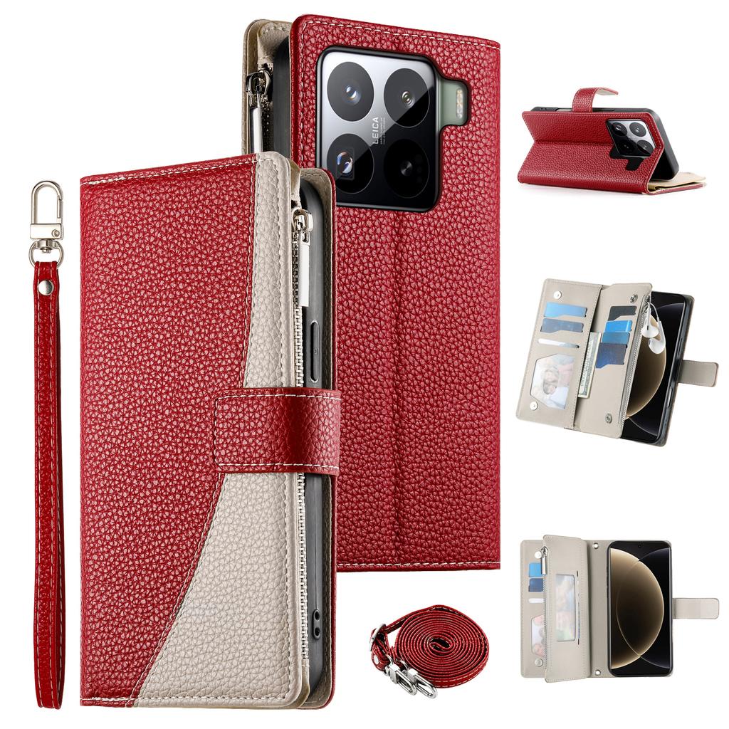 For Xiaomi 15 Pro Case Zipper Wallet Color Splicing Leather Flip Phone Cover with Straps