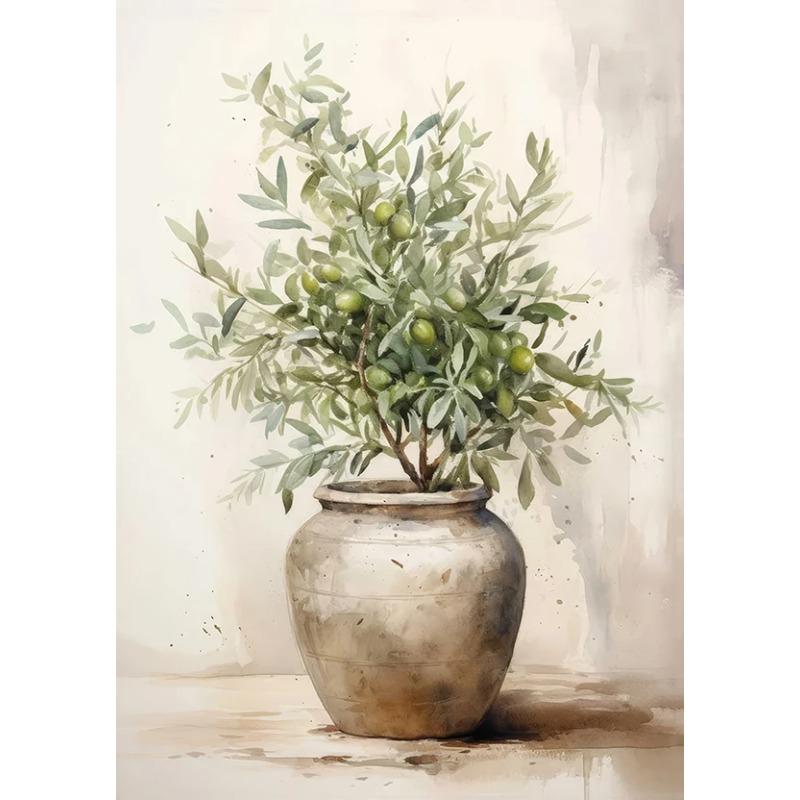 Retro Elegant Olive Tree and Lemon Canvas Poster Vase Wall Art Poster Perfect Gift for Living Room Bedroom Dormitory Home Decor