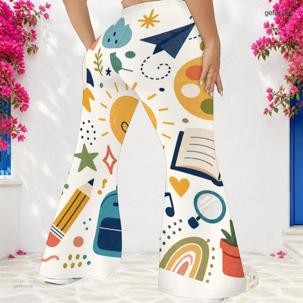 Women Plus Size High Waist Printed Full Length Flared Leg Pants