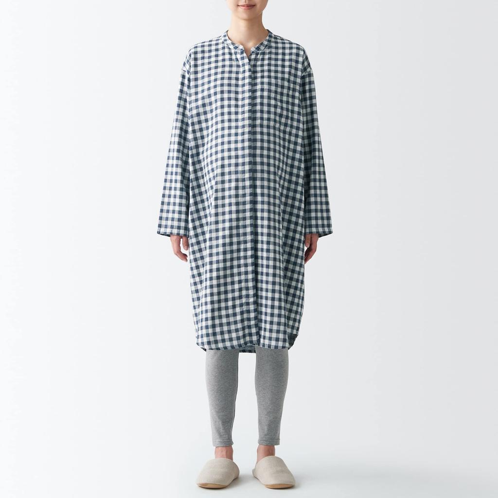 MUJI Пижама двойная марлевая пижама без боковых швов тёмно-синяя клетка S комплект, швы, женская FGD01A2A,