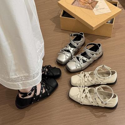 Балетки женские осенние новые с мелким вырезом на плоской подошве с перекрестным ремешком черные туфли Мэри Джейн