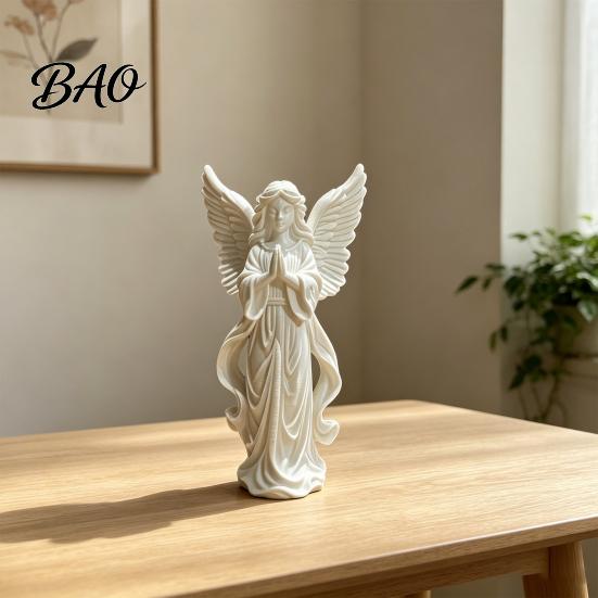 Soft Texture Angel Sculpture Praying Figurine, 3D Printed Wings Statue, Small Guardian Artistic Figurine for Desktop Home Office Car Decor Retro