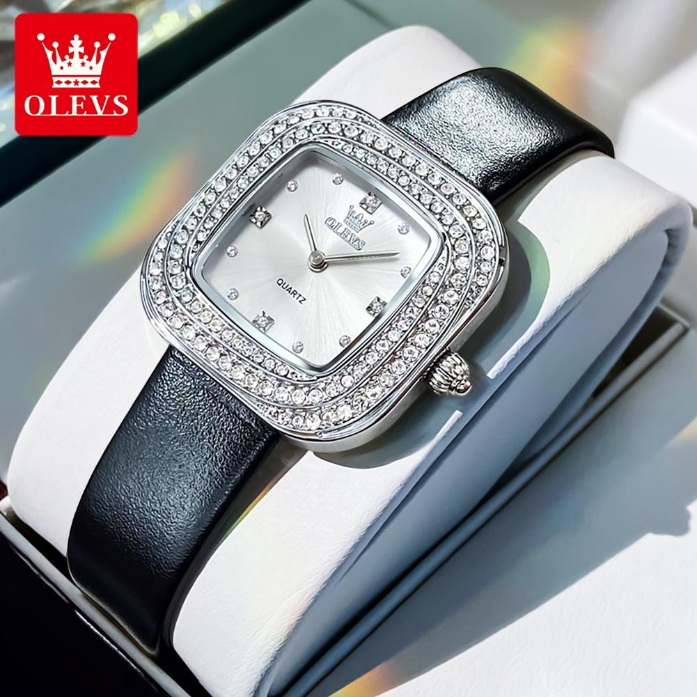 OLEVS 5512 Luxury Elegant Women’s Quartz Wristwatch Diamond Bezel Square Waterproof Leather Strap Original Watch for Lady