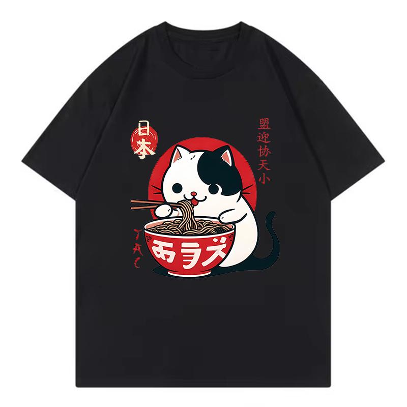 Loose Funny Japanese Cat Eat Ramen T Shirts Men Women Cat Tshirt Round Neck Short Sleeve Trendy Tee Shirt Streetwear