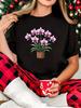 Pink Orchid Potted Plant Pattern Print Black Sleeve Crewneck Printed Casual Style Comfortable Fashionable Design for Daily Wear