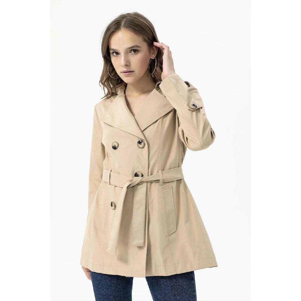 Button Closure Belted Trench Coat