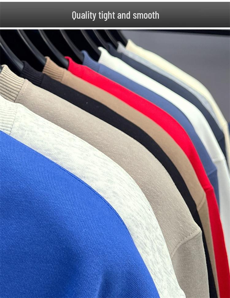 High-End Men's Royal Blue Embroidered Sweatshirt, Round Neck, Velvet-Lined for Autumn/Winter Warmth