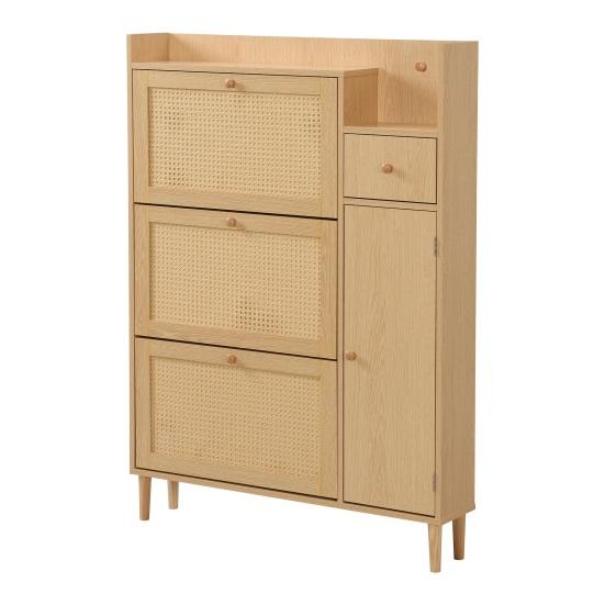 Shoe Rack Free Standing Cabinet with 3 Tilt Doors 1 Drawer Wood Handles Storage Solid Legs Space Saving No Burrs Small Closed Style Organizer