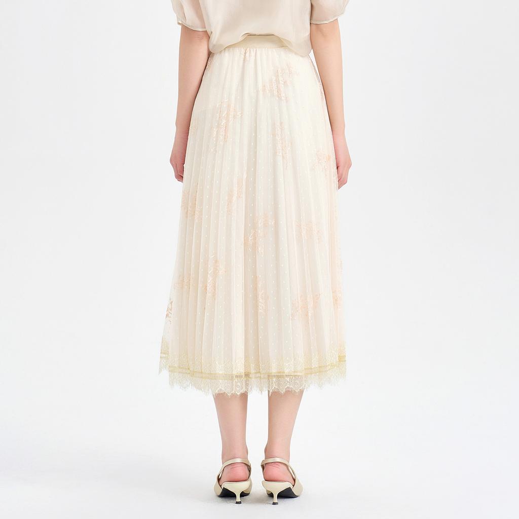 Shopping mall style embroidered mesh pleated half skirt for women in summer 2026, high waist slimming mid length A-line yarn skirt