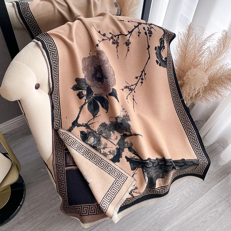 Autumn And Winter Imitation Cashmere Plum Blossom Retro Ink Style Texture Printing Double-Sided Warm Scarf Shawl
