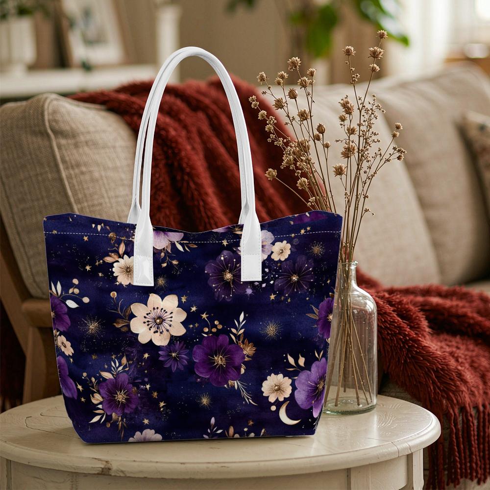 Purple Floral Casual Tote Bag for Women Fashion Large Capacity Shopping Shoulder Bag