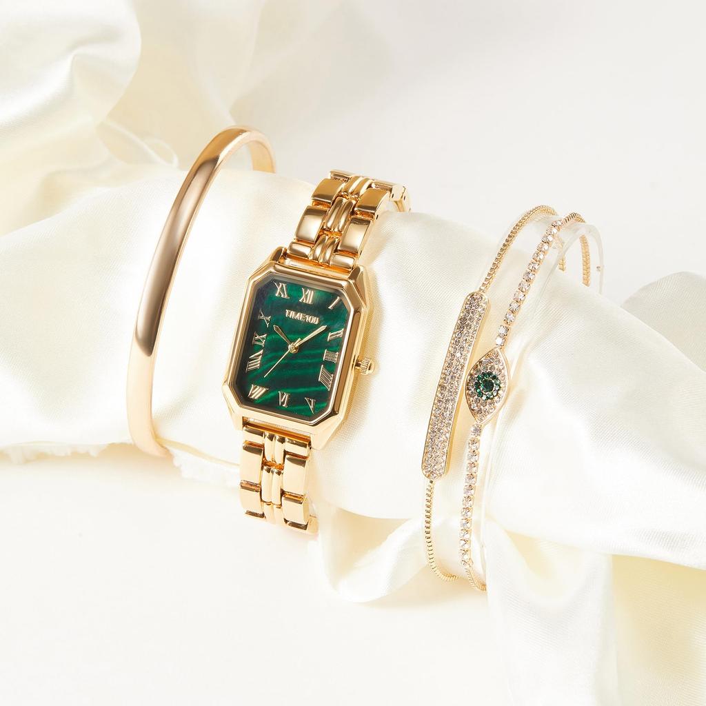 Золотые часы японский кварц подарочный набор элегантные часы из нержавеющей стали 3 браслета подарочная упаковка [TIME100] женские (Золотой цвет)