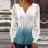 Ladies Summer Shirt V-neck Floral Print Button Lace Stitching Long Sleeve Daily Wear Hollow Out See-through Spring Summer T-shirt Women Clothing