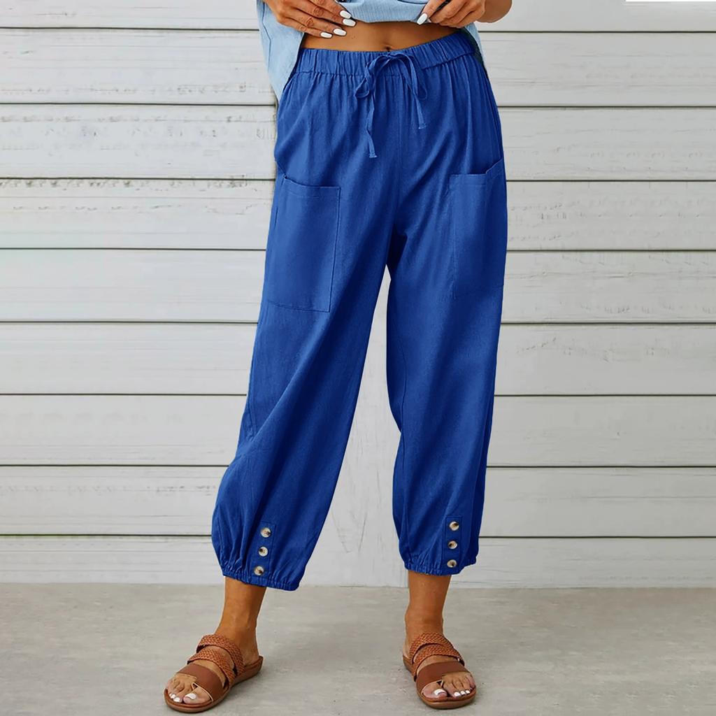 Women's Summer Cotton Linen Pants Elastic Waist Oversized Trousers Loose Drawstring Pocket Long Pants