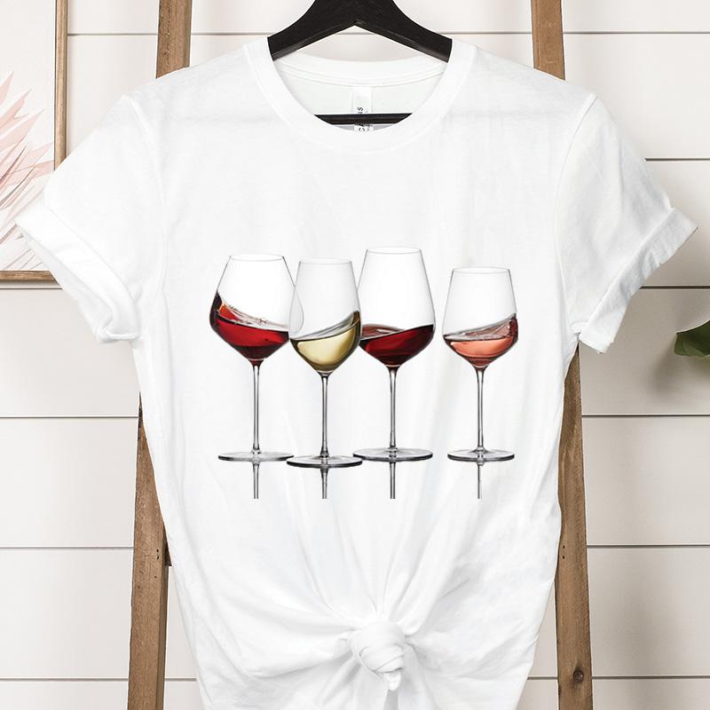 Футболки с винным принтом для женщин, летние повседневные футболки с круглым вырезом, футболки с короткими рукавами, модная футболка