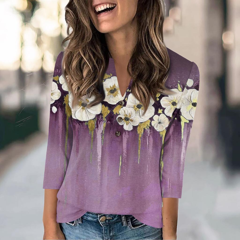 Women's Fashion Casual Loose 3/4 Sleeve Printed Round Neck Top