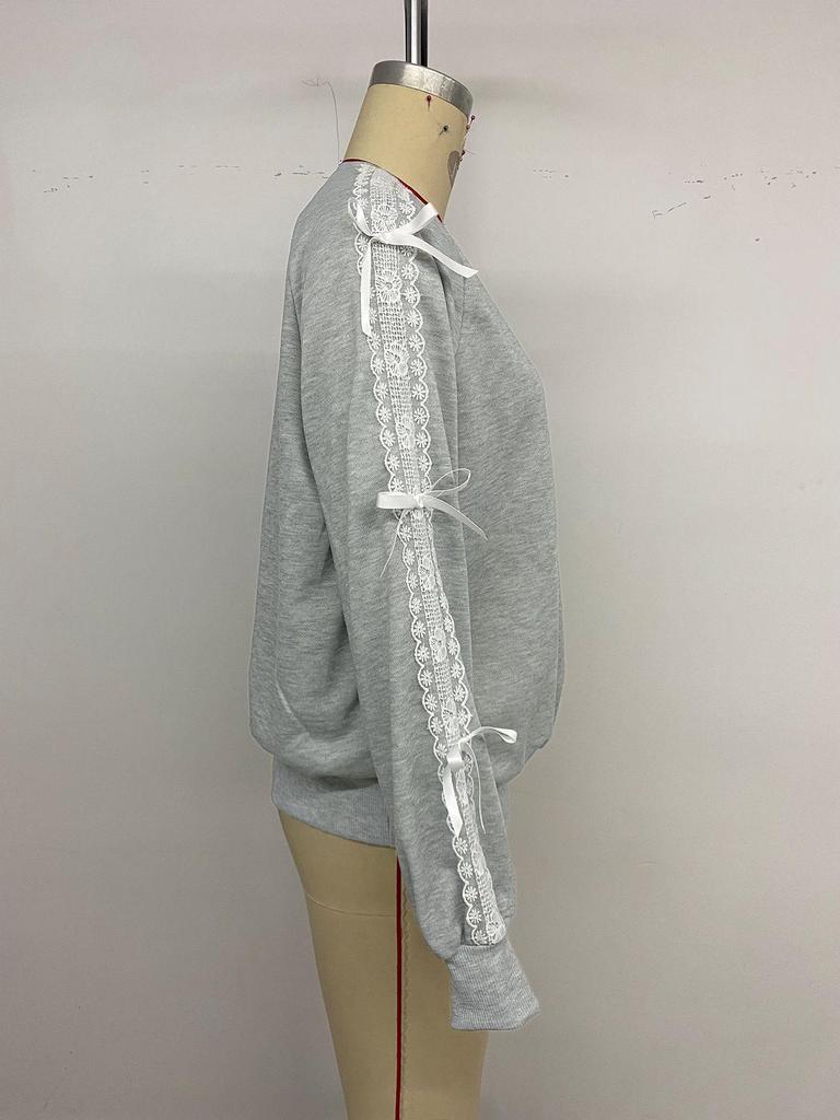 Women's Patchwork Lace Long Sleeve Hoodie - Autumn/Winter 2026 European & American Style Round Neck Top