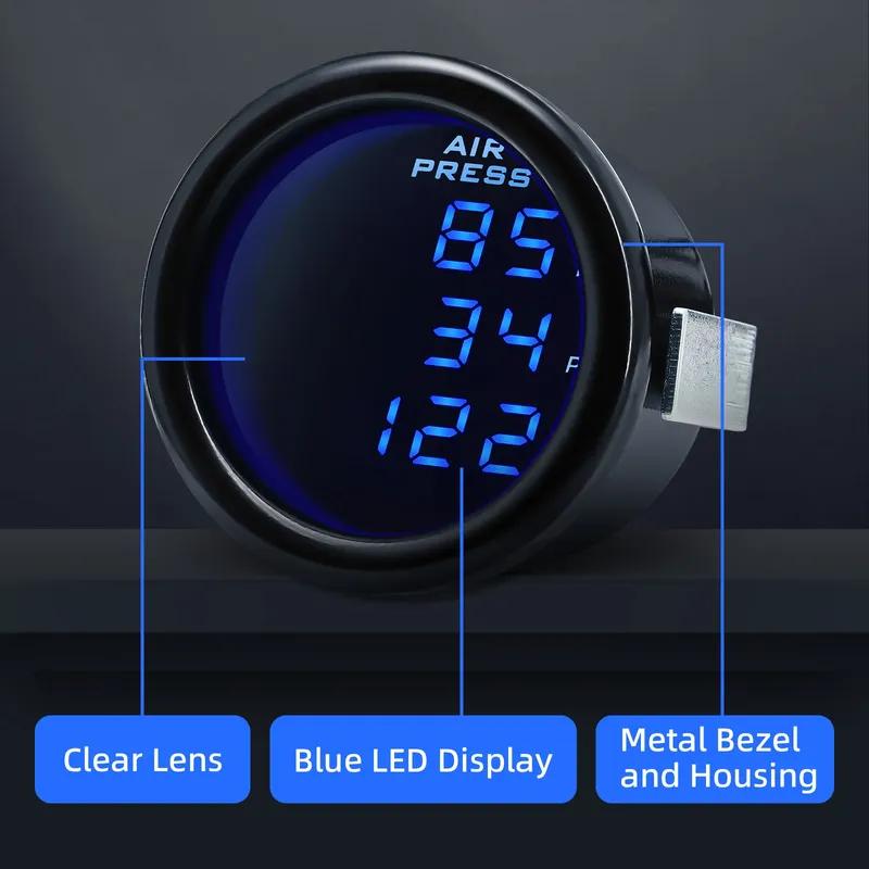 52mm Dual Air Suspension Gauge PSI 3IN1 Ride Pressure PSI Blue LED Air Pressure Gauge with 3pcs 1/8 NPT Sensor