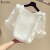 Women Casual Round Neck 3/4 Sleeve Ruffle Blouse