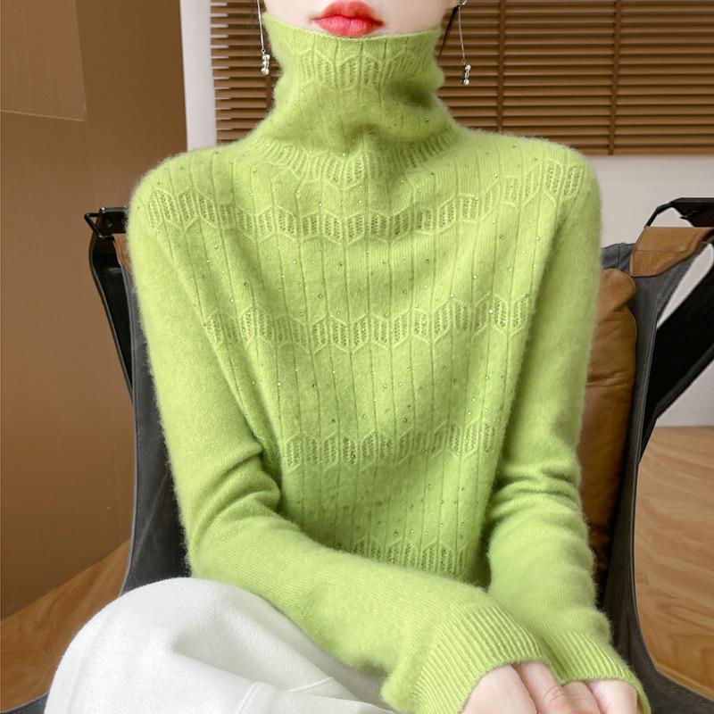 Women's Pure Wool Rhinestone Embellished Knit Top, Stacked Collar, Long Sleeve, Hollow Design for Autumn/Winter