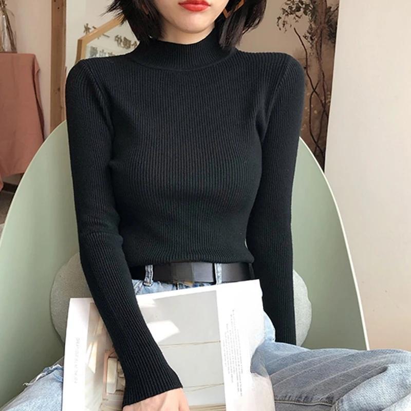 Осенние длинные рукава свитера женские полувысокий воротник вязаные свитера женские повседневные трикотажные топы однотонные облегающие зимние одежды 27972