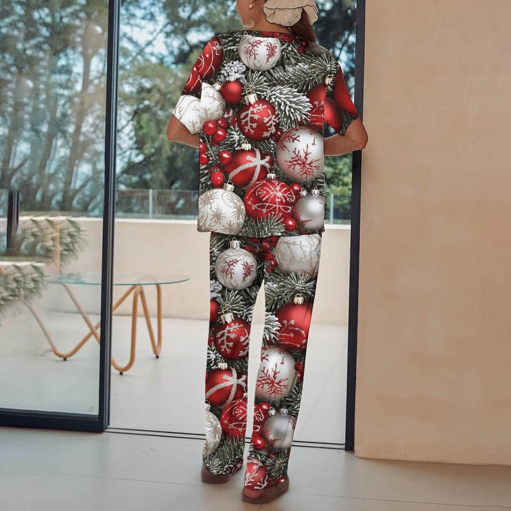 Women's Ice Silk Satin Christmas Print Pajama Set Short Sleeve Shirt And Long Pajama Pants Set Soft Home Clothes