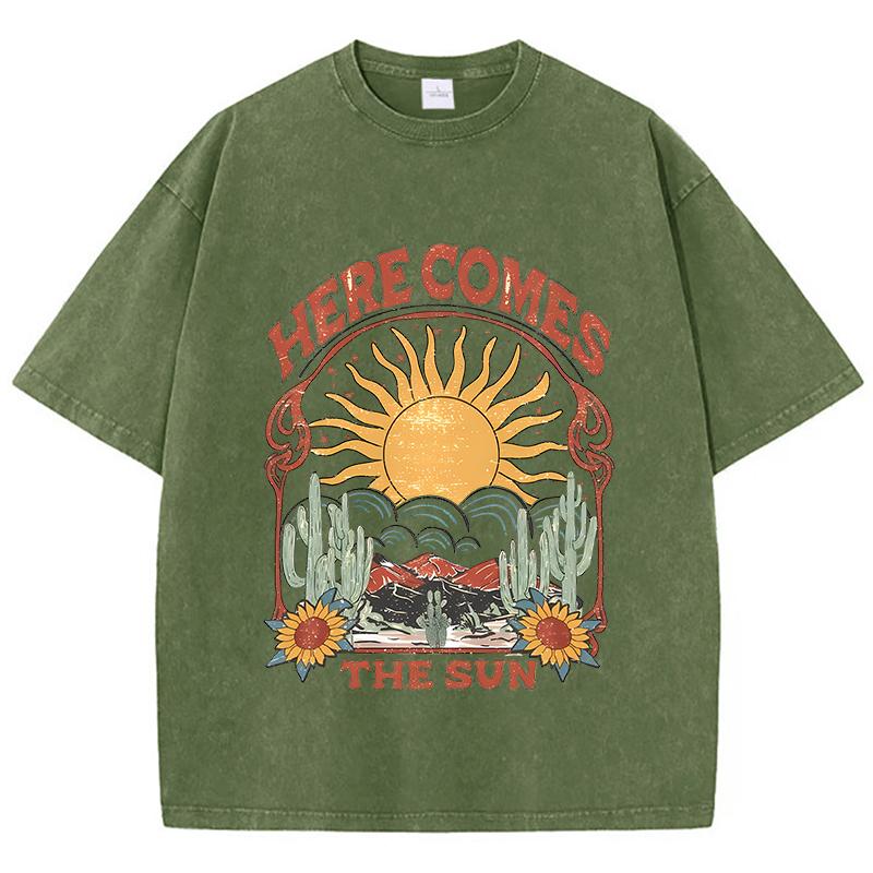 Винтажные женские футболки с кислотной стиркой Here Comes The Sun Printing Tees Crewneck Cotton Oversize Short Sleeve Clothes