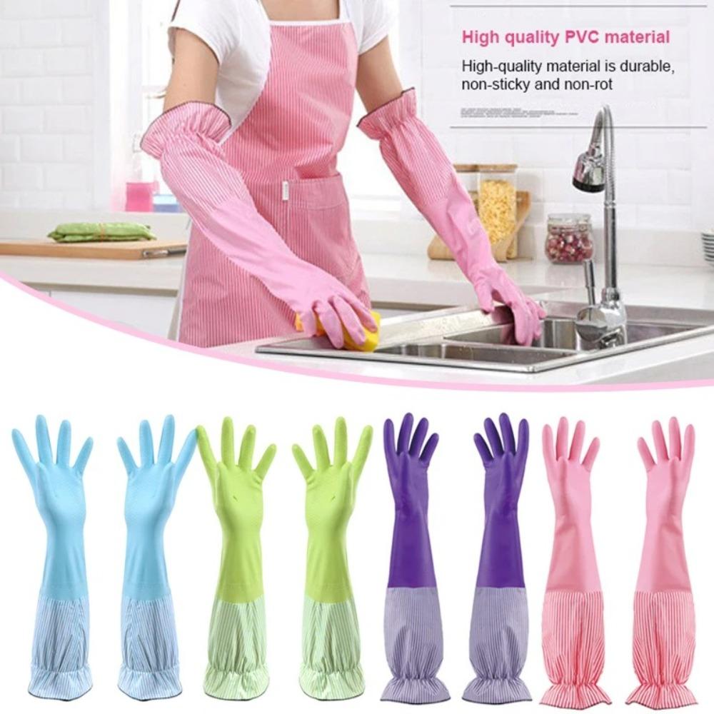 Stripe Pattern Cleaning Glove Long Sleeves Rubber Glove for Household Cleaning Work