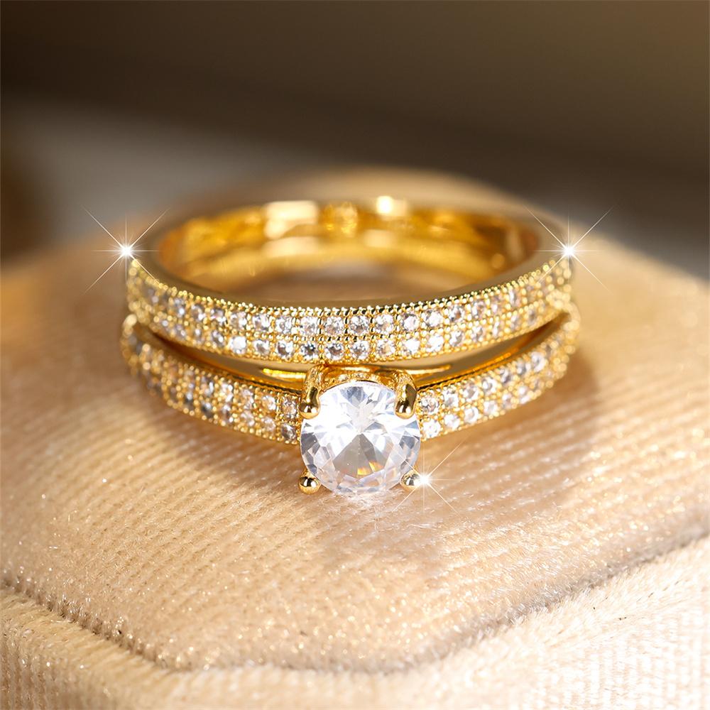 White Zircon Engagement Ring Sets Luxury Crystal Round Stone Double Rings For Women Vintage Gold Color Wedding Band Boho Jewelry