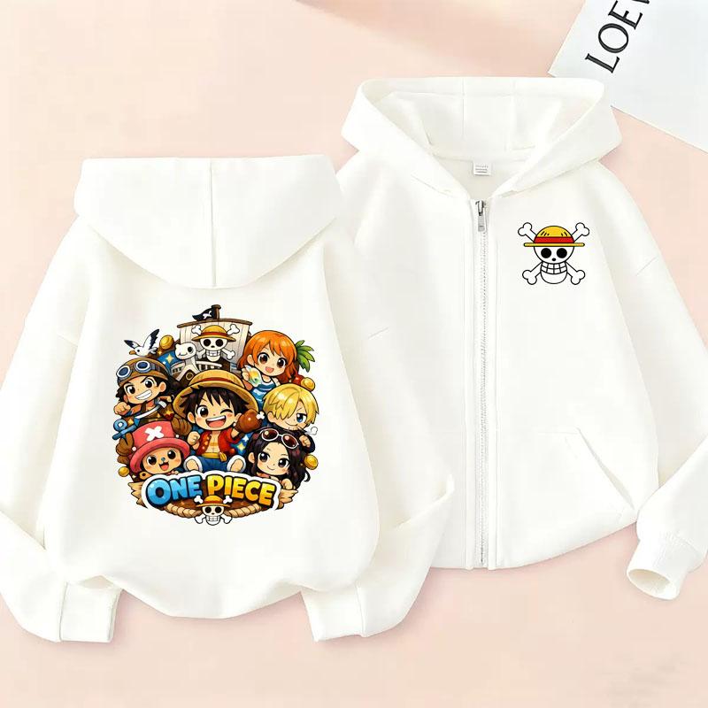 Одежда с мультяшным принтом Аниме One Piece Толстовка на молнии Детская с длинным рукавом Худи с капюшоном Луффи Повседневный топ с принтом для мальчиков и девочек