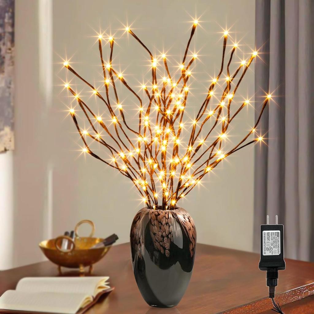 PEIDUO Lighted Brown Branches with Timer, 30Inch 3PK 60 LED Pathway Lights, Willow Branch Lights for Home Decorations Indoor Apartment Outdoor Stake