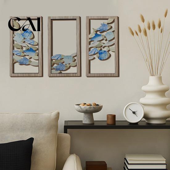 Nautical Bathroom Decor Decorative Fish Sign, Wooden Hollow Ocean Themed Wall Art, with Adhesive for Walls Tape No Drill Living Room Bedroom