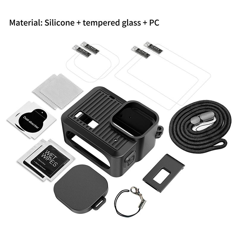 Sport Camera Silicone Protective Case Cover With Len Cap And Hanging Rope For Gopro Hero 2024 Glass Screen Protector