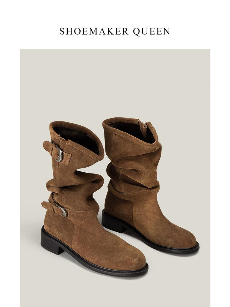 2025 новый оригинальный дизайн ретро металлическая пряжка круглый носок длинный голенище ботфорты на толстом каблуке рыцарский тренд ботинки средней длины