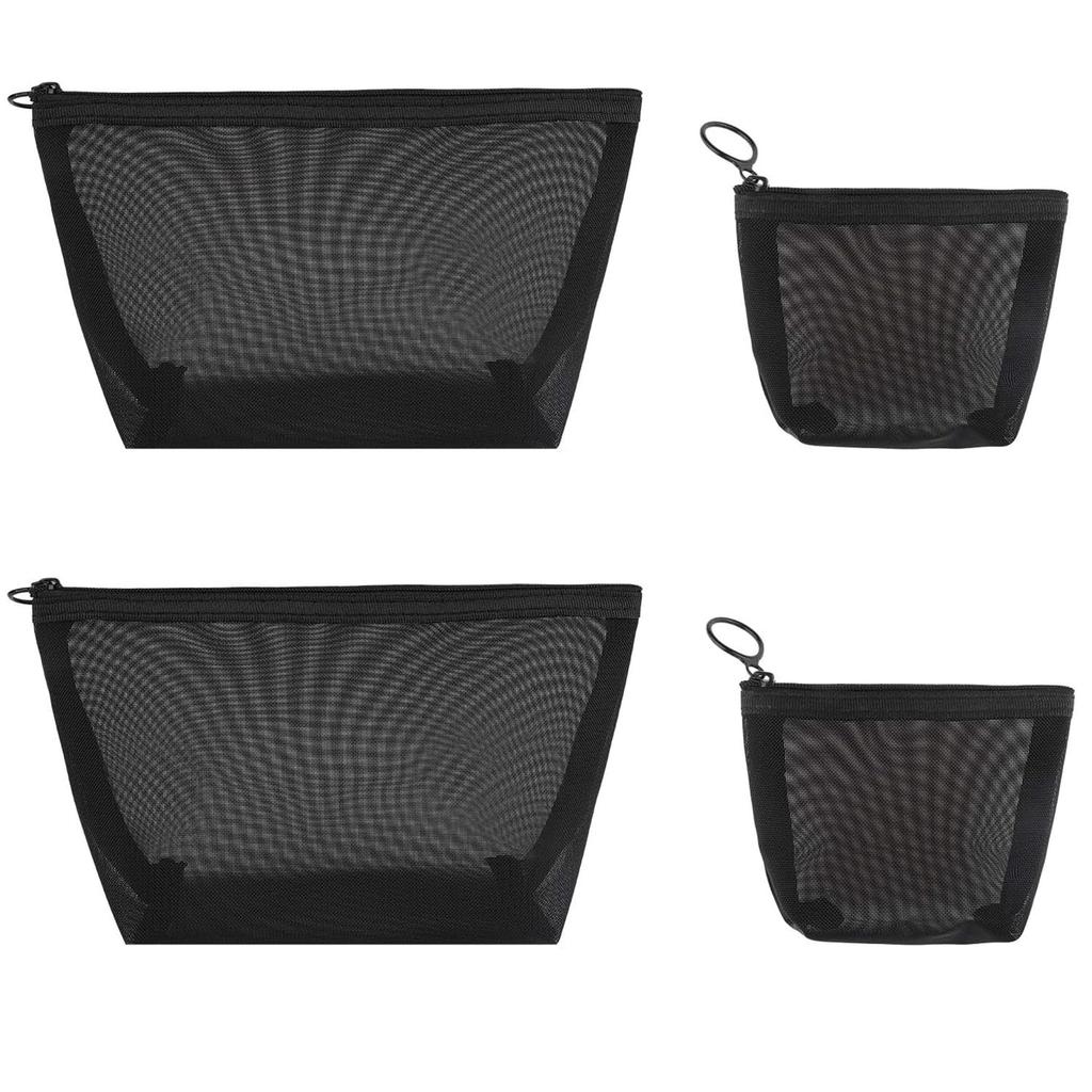 Mesh Cosmetic Nylon Makeup Pouch for Cosmetics and Small Perfect for Business Trips and Flat and Pack of 4 Pouch, Items, Travel, Square, (Black)