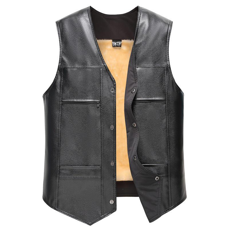 IELGY Men's Pu Leather Vest New Winter Warm Middle-aged And Elderly Large Size Plus Velvet Padded Vest