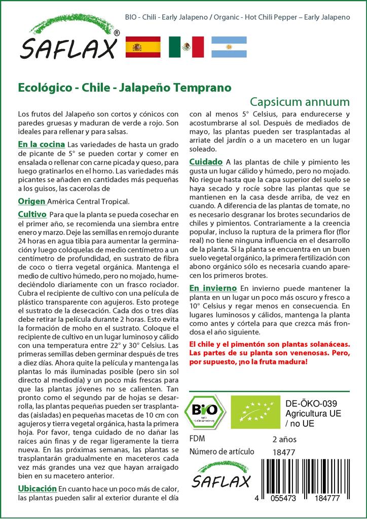 SAFLAX Сад в сумке - Органический - Острый перец чили - Ранний халапеньо - 20 семян - С субстратом в подходящем стоячем мешке - Capsicum annuum
