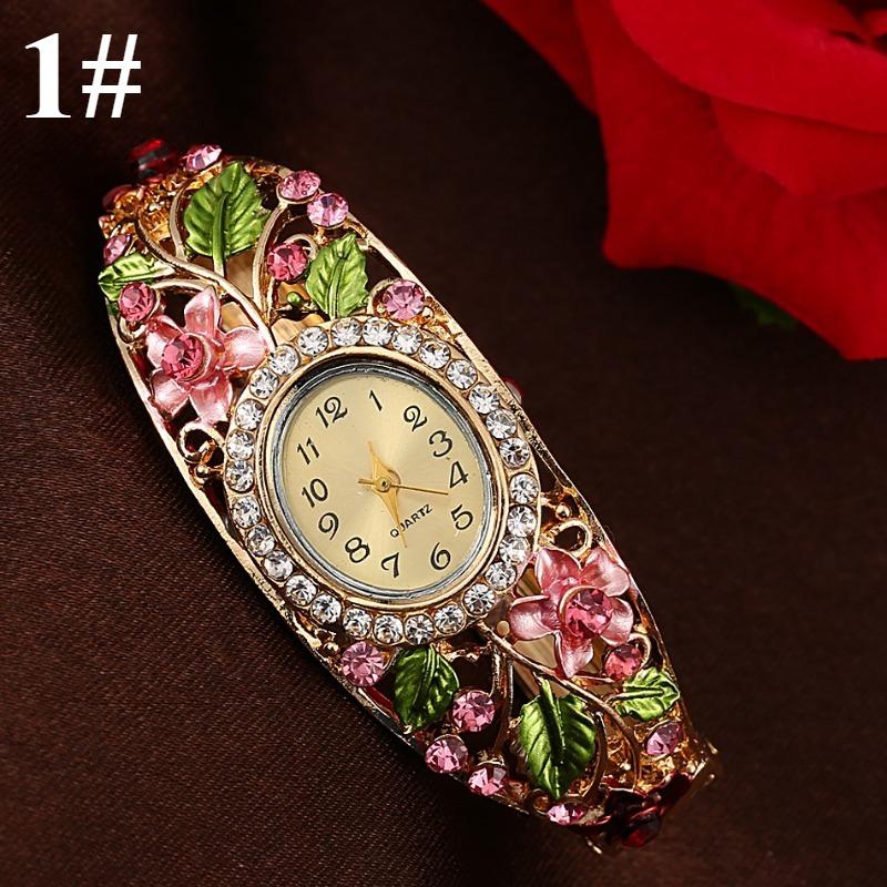 1шт браслет часы многоцветный кристалл цветочный узор браслет часы, деревенский аромат инкрустированный бриллиантами женский браслет
